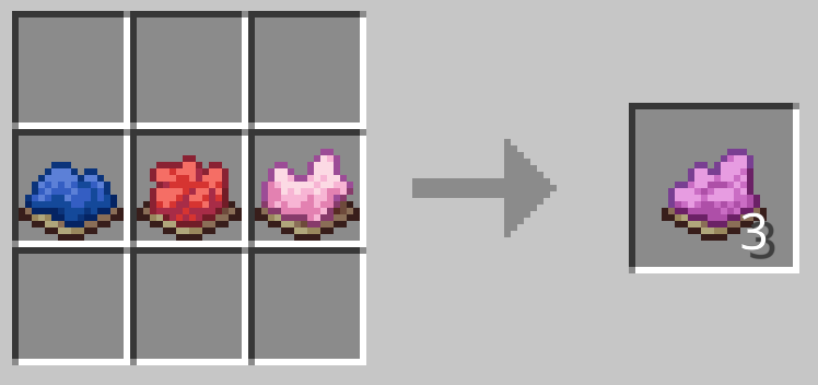 青色の染料1つと赤色の染料1つと桃色の染料1つで赤紫色の染料3つができる