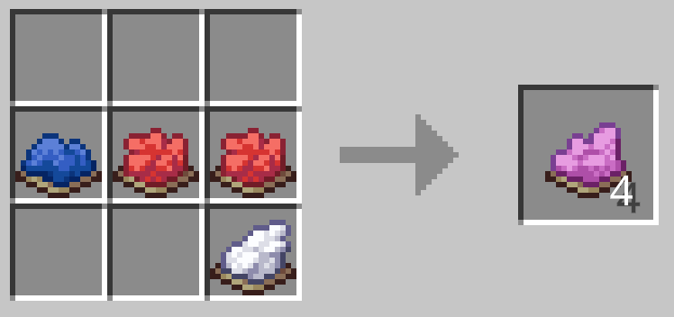 青色の染料1つと赤色の染料2つと白色の染料1つで赤紫色の染料4つができる